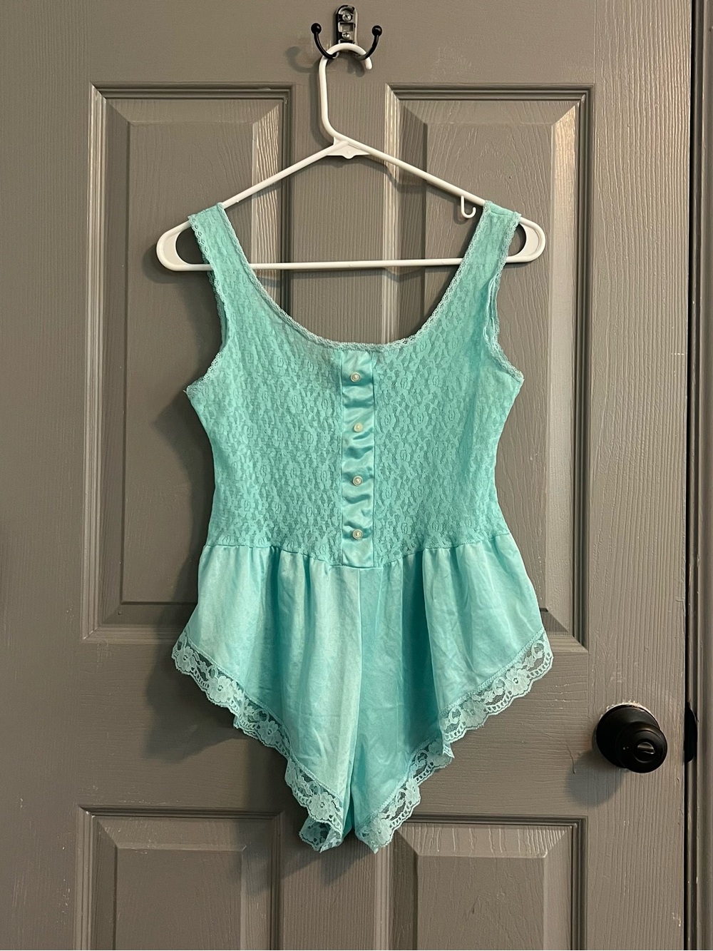 Glencraft Lingerie Aqua Lace Trim Chemise Romper High Leg Sabrina Vintage